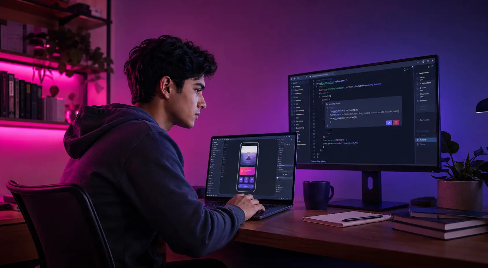 Estudiante de desarrollo de software revisando una sugerencia de código generada por IA en dos pantallas