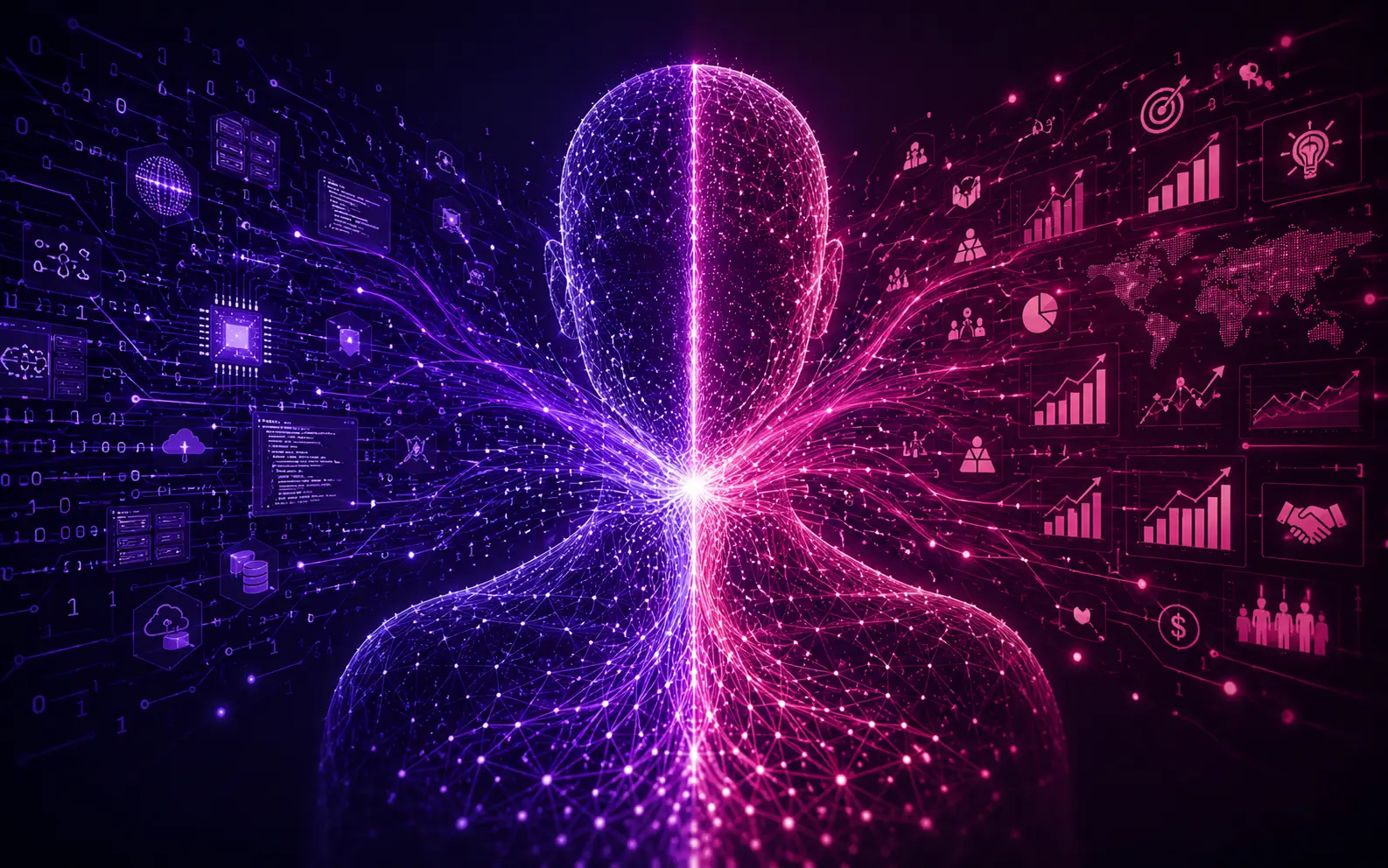 Silueta humana de perfil dividida en dos mitades luminosas: circuitos morados de tecnología a la izquierda y gráficas de crecimiento rosas de negocio a la derecha, fusionándose al centro